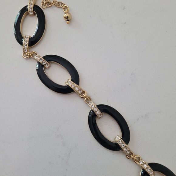 3 Pc Set Black Enamel Gold Tone Link Necklace Set Rhinestone Chunky 16-19" Vtg - Picture 3 of 16